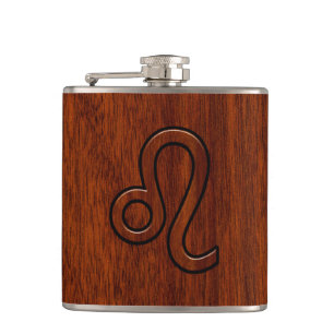 Leo Zodiac Symbol in Mahogany wood style decor Hip Flask