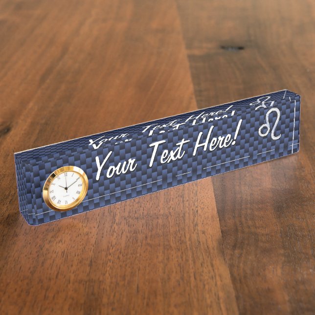 Leo Zodiac Symbol on Navy Blue Carbon Fiber Print Nameplate (Side)
