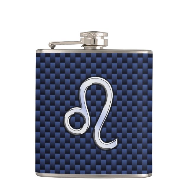 Leo Zodiac Symbol on Navy Blue Carbon Fibre Print Hip Flask (Front)