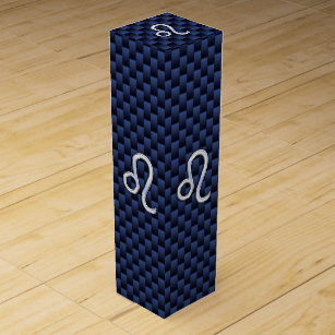 Leo Zodiac Symbol on Navy Blue Carbon Fibre Print Wine Box