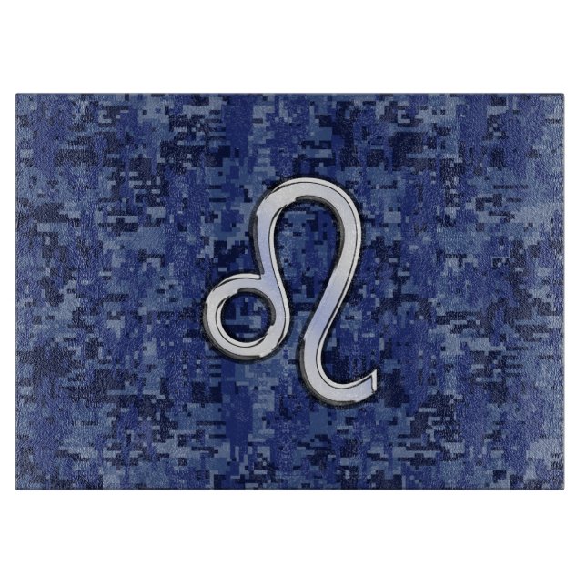 Leo Zodiac Symbol on Navy Blue Digital Camo Cutting Board (Front)