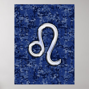 Leo Zodiac Symbol on Navy Blue Digital Camo Poster