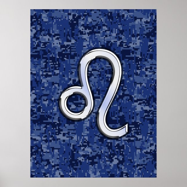 Leo Zodiac Symbol on Navy Blue Digital Camo Poster (Front)