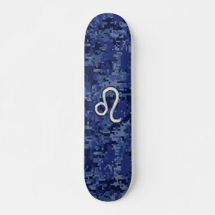 Leo Zodiac Symbol on Navy Blue Digital Camo Skateboard