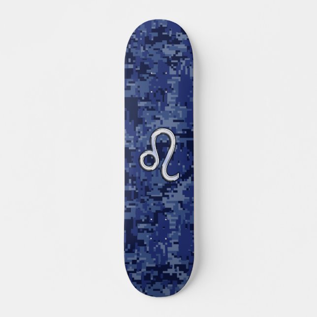 Leo Zodiac Symbol on Navy Blue Digital Camo Skateboard (Front)