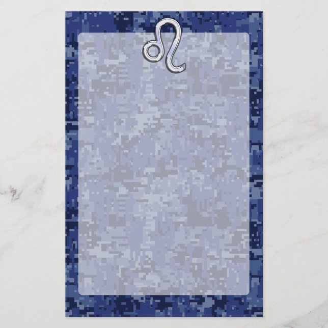 Leo Zodiac Symbol on Navy Blue Digital Camo Stationery (Front)