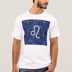 Leo Zodiac Symbol on Navy Blue Digital Camo T-Shirt