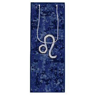 Leo Zodiac Symbol on Navy Blue Digital Camouflage Wine Gift Bag