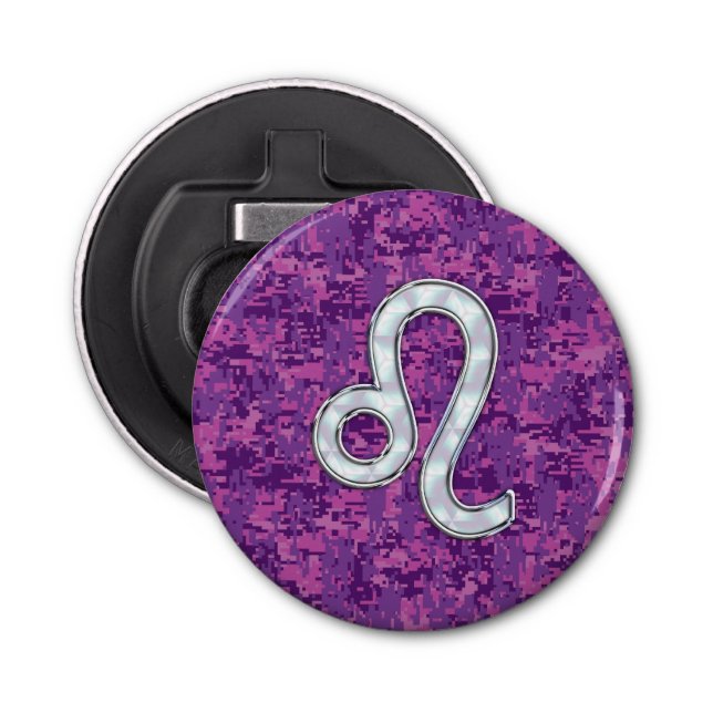 Leo Zodiac Symbol on Pink Fuchsia Digital Camo Bottle Opener (Front)