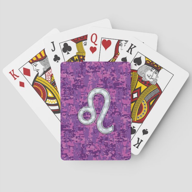 Leo Zodiac Symbol on Pink Fuchsia Digital Camo Playing Cards (Back)