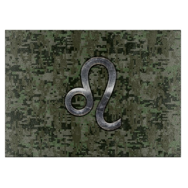 Leo Zodiac Symbol on Woodland Digital Camo Cutting Board (Front)