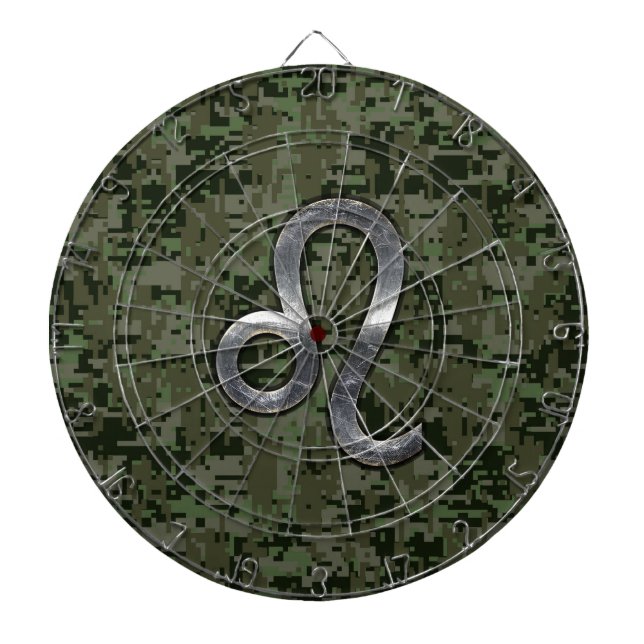 Leo Zodiac Symbol on Woodland Digital Camo Dartboard (Front)
