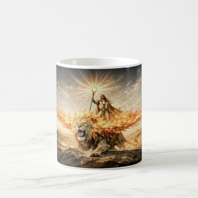 Leo Zodiac with Warrior Riding a Fiery Winged Lion Coffee Mug (Center)