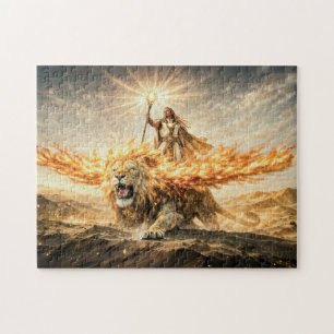 Leo Zodiac with Warrior Riding a Fiery Winged Lion Jigsaw Puzzle