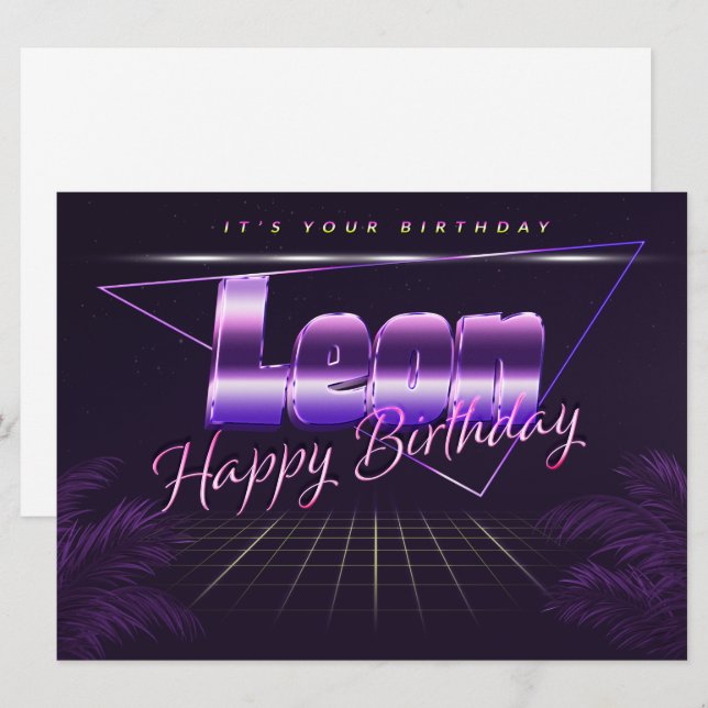 Leon Name First Name purple retro card birthday (Front/Back)