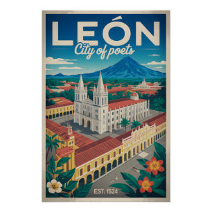 León Nicaragua Retro Travel Poster Art
