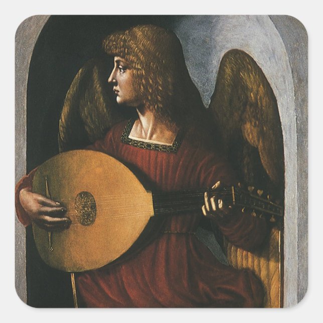 Leonardo da Vinci"s An Angel in Red with a Lute Square Sticker (Front)
