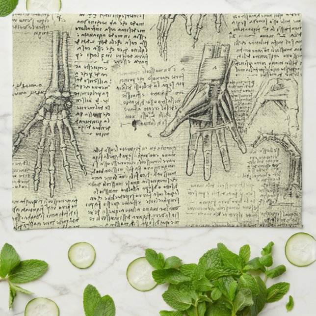 Leonardo da Vinci's Anatomy of the Human Hand Tea Towel (Folded)