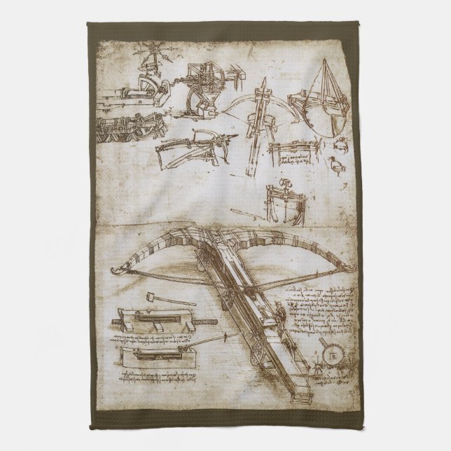 Leonardo da Vinci's Giant Crossbow Weapon Sketch Tea Towel (Vertical)