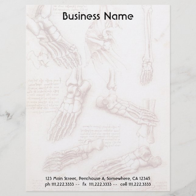 Leonardo da Vinci's Human Anatomy Foot Bones Letterhead Template (Front)