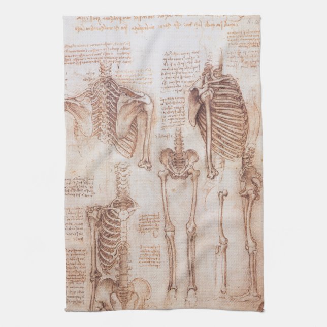 Leonardo da Vinci's Human Anatomy Skeleton Bones Tea Towel (Vertical)