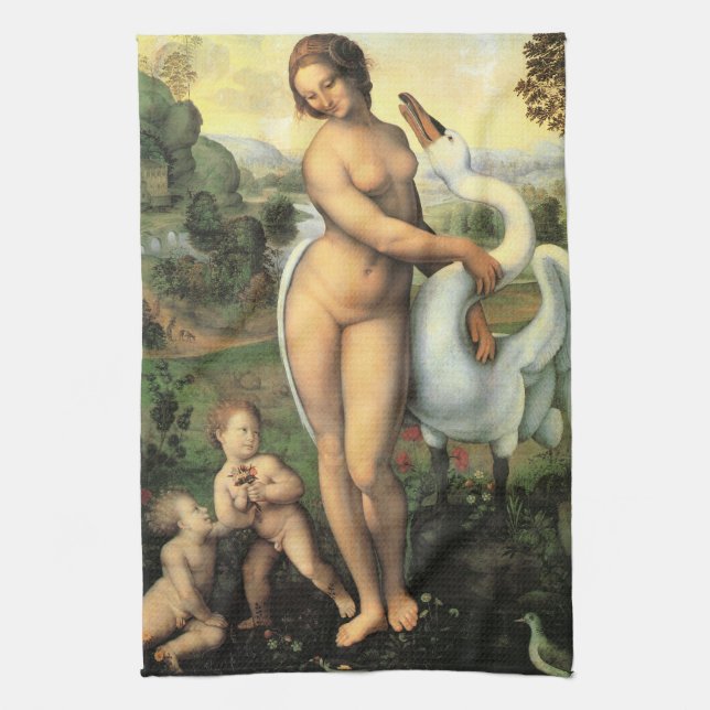 Leonardo da Vinci's Leda and the Swan Tea Towel (Vertical)