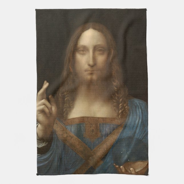 Leonardo da Vinci's Salvator Mundi (Jesus Christ) Tea Towel (Vertical)