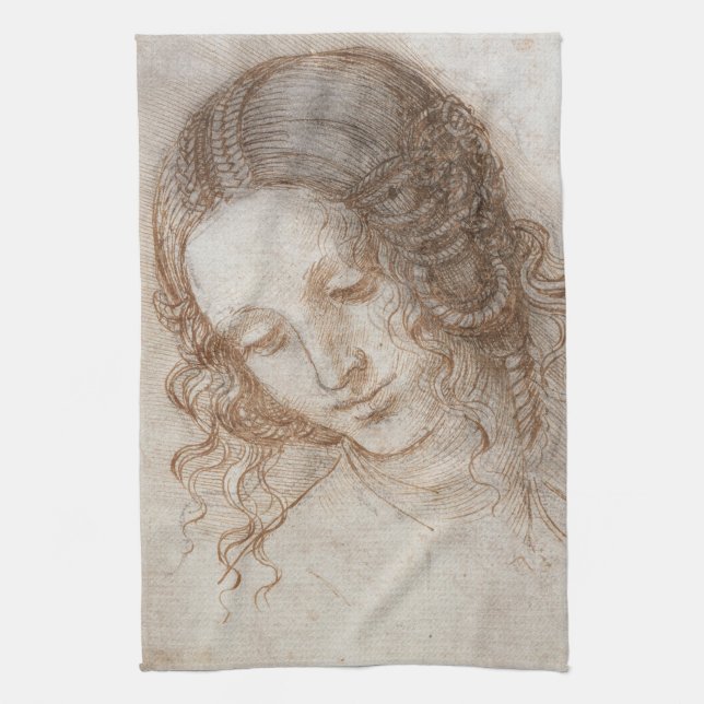 Leonardo da Vinci's Study of the Head of Leda Tea Towel (Vertical)