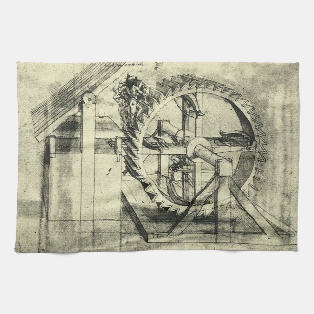 Leonardo da Vinci's Treadmill Powered Crossbow Tea Towel (Horizontal)