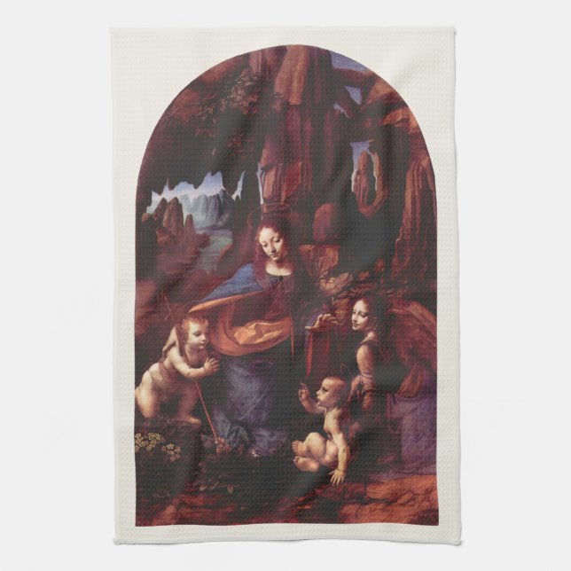Leonardo da Vinci's Virgin (Madonna) of the Rocks Tea Towel (Vertical)