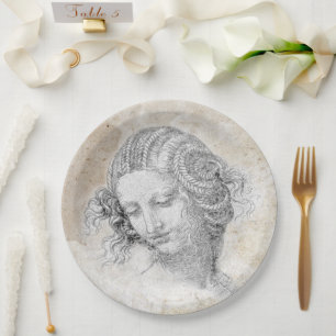 Leonardo DaVinci Sketch Leda Parchment Elegant Art Paper Plate