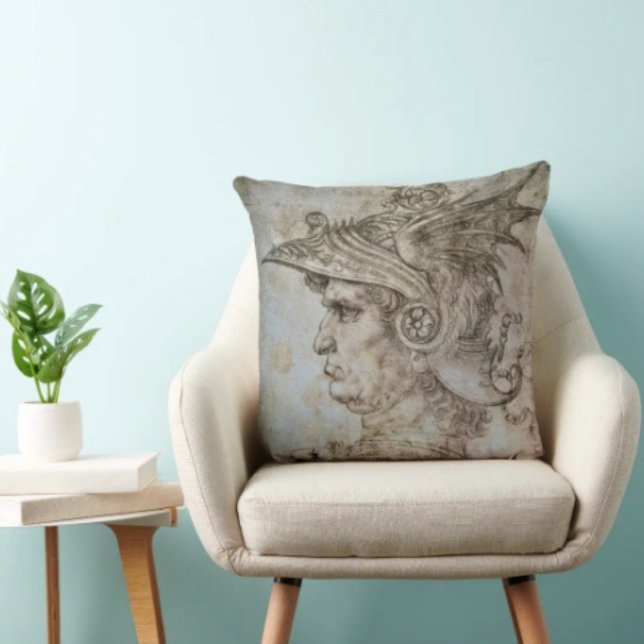 Leonardo’s Helmeted Warrior  Cushion (Da Vinci’s Ancient Warrior Sketch pillow  100% polyester hidden zipper enclosure. Made in the USA. 
)