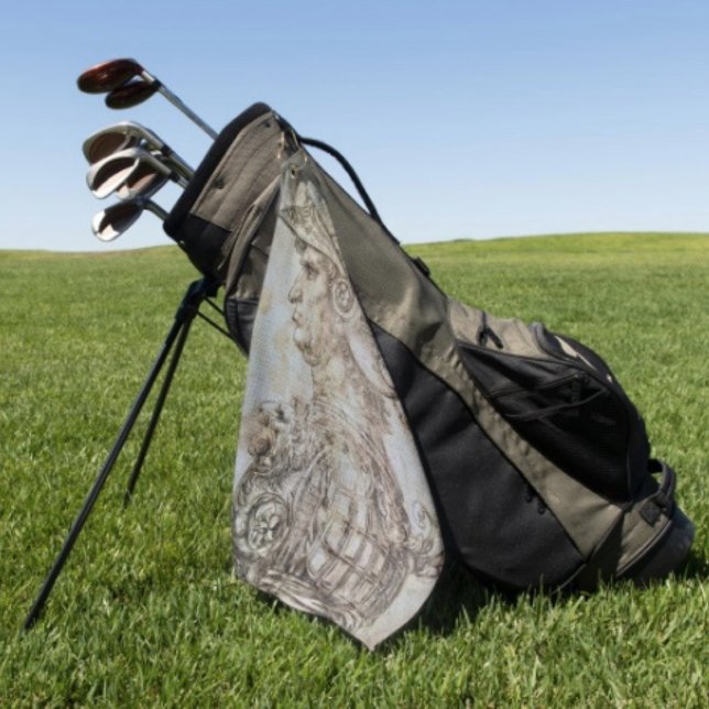 Leonardo’s Helmeted Warrior  Golf Towel (Da Vinci’s Ancient Warrior Sketch Golf Towel – Golfer Gift Custom Sports Gear)