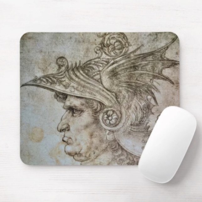 Leonardo’s Helmeted Warrior  Mouse Mat (Da Vinci’s Ancient Warrior Sketch mouse pad dust and stain resistant. 9.25"l x 7.75"w.  Rubber back.)