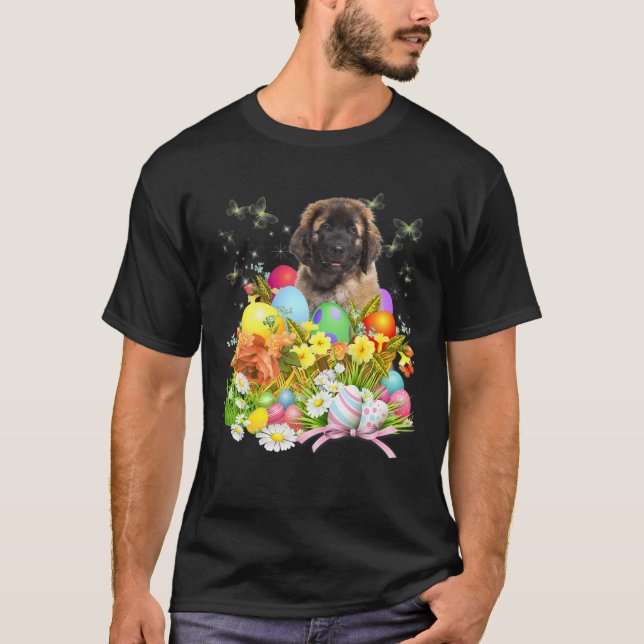 Leonberger Bunny Dog With Easter Eggs Basket Cool T-Shirt (Front)