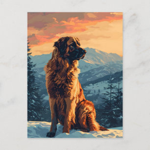Leonberger dog in the snowy forest during sunset postcard