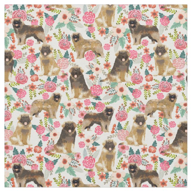 leonberger dog vintage florals cream fabric (Close Up)