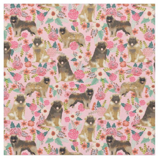 leonberger dog vintage florals pink fabric (Close Up)