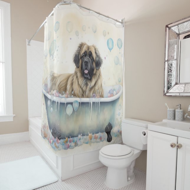 Leonberger In Bathtub Watercolor Dog Art Shower Curtain (In Situ)