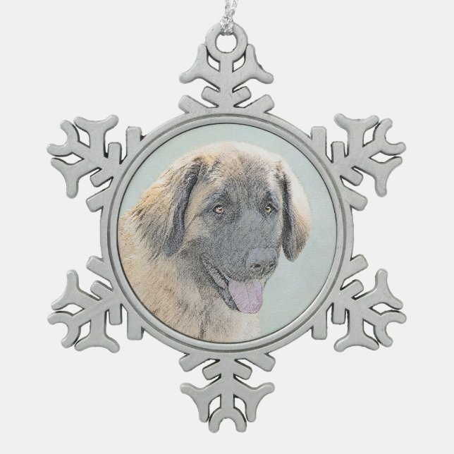 Leonberger Painting - Cute Original Dog Art Snowflake Pewter Christmas Ornament (Front)