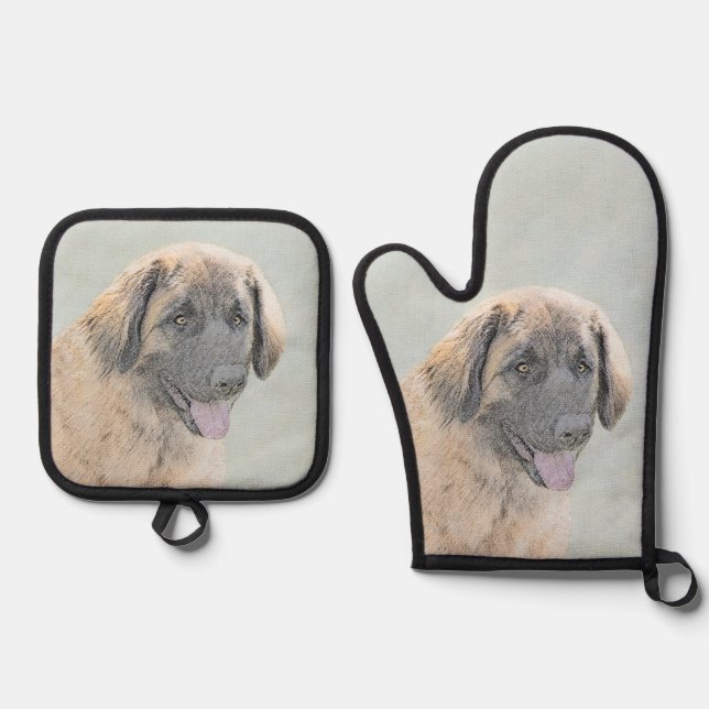 Leonberger Painting Leo Cute Original Pet Dog Art Oven Mitt & Pot Holder Set (Front)