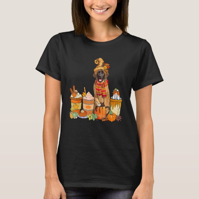 Leonberger Wearing Hat With Coffee Cups Fall Pumpk T-Shirt (Front)