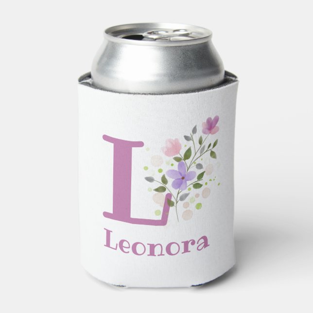 Leonora Name with a Floral Design Can Cooler (Can Front)