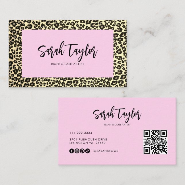Leopad Print Script Beauty Brows Lash Artist  Business Card (Front/Back)