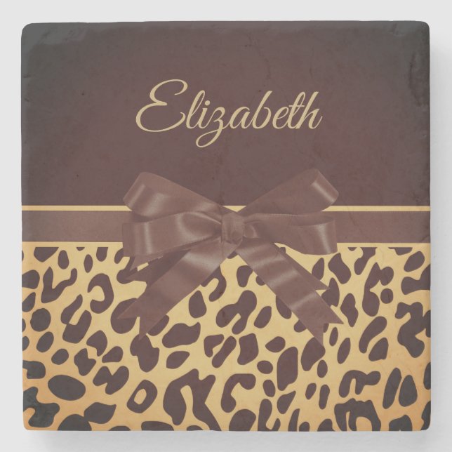 Leopar Print Black Bow Stone Coaster (Front)