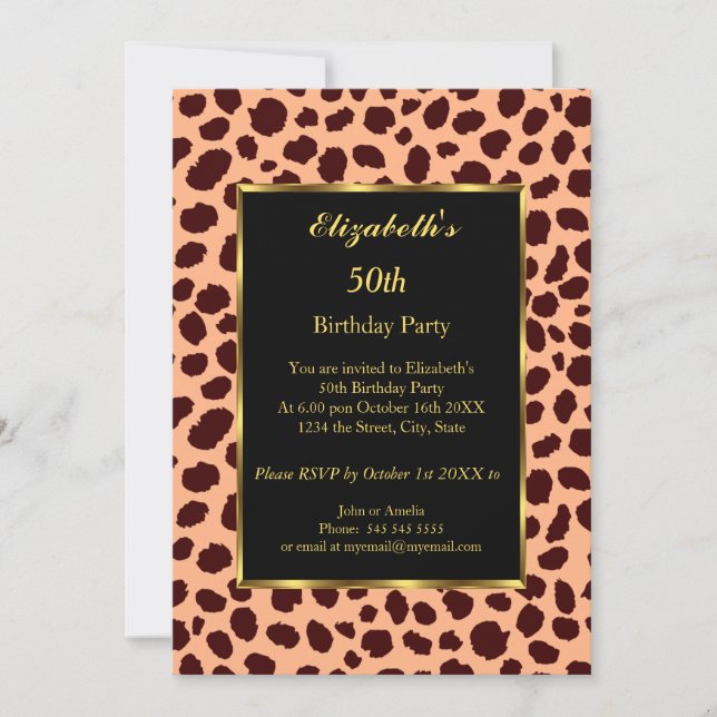 Leopard 50th Birthday Party Gold Black  Invitation (Front)