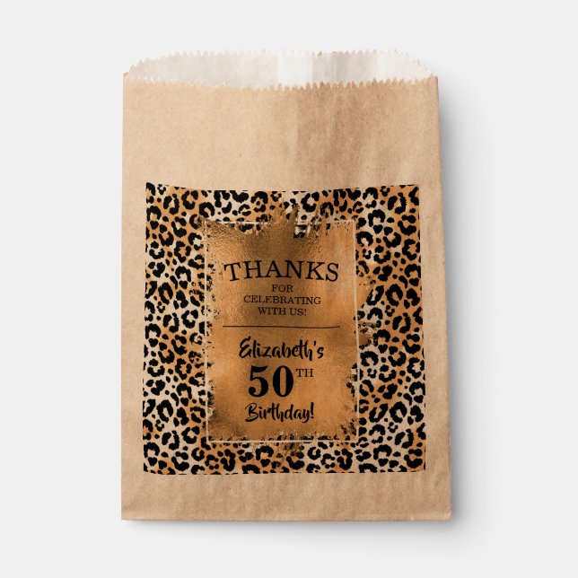 Leopard 50th Birthday Party Kraft Favour Bags (Front)