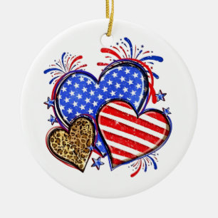 Leopard American Flag Heart 4th of July USA Ceramic Tree Decoration