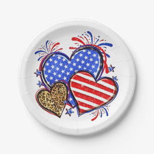 Leopard American Flag Heart 4th of July USA Paper Plate