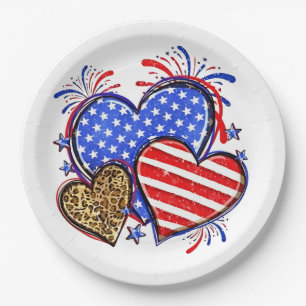 Leopard American Flag Heart 4th of July USA Paper Plate